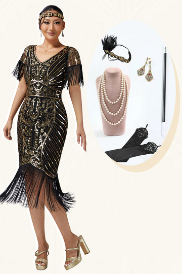 V Neck Bodycon Black Golden Sequin Fringed 1920s Dress with 5-Piece Accessories Set